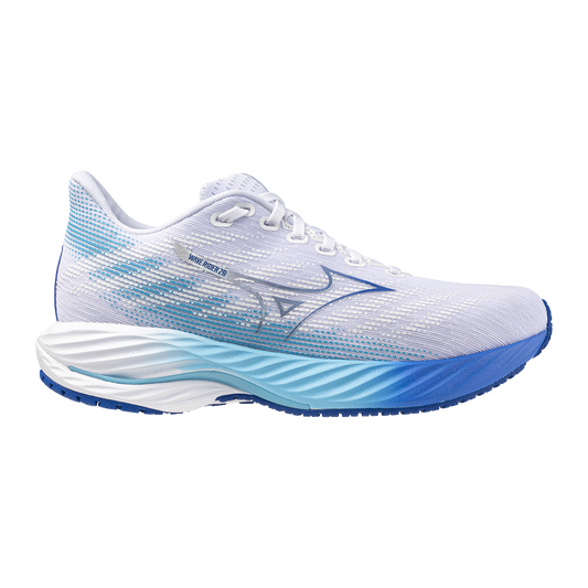 Women's Mizuno Wave Rider 28, White/Mugen Blue, 7 B Medium